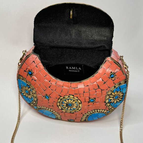 Ramla Design Handmade Mosaic Crossbody Purse Coral Blue Gold Accents rustic - Picture 4 of 9